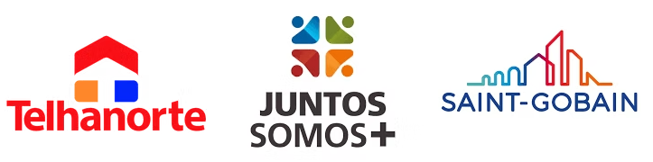 Logos de clientes: Leroy Merlin, Telhanorte, Juntos Somos Mais, Saint Gobain
